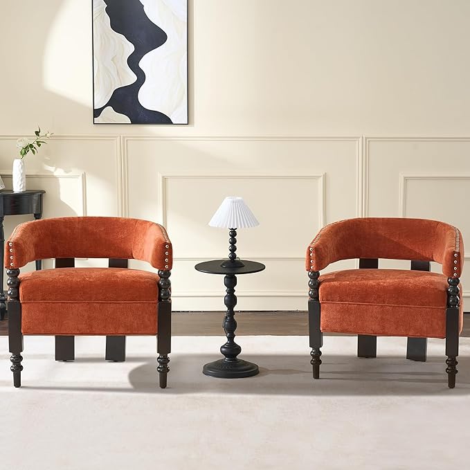 LOULENS Barrel Accent Chairs Set of 2, Vintage Chenille Upholstered Lounge Chair with Solid Wood Legs, Comfy Leisure Side Armchair for Living Room, Bedroom, Reading Nook, Corner, Orange