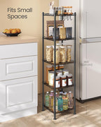 SONGMICS 5-Tier Bathroom Shelf, Storage Rack for Small Space, with 5 PP Shelf Liners, Removable Hook, Extendable Design, Ink Black and Rustic Brown ULGR023B02