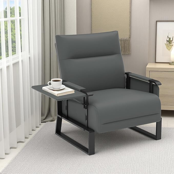 Upholstered Accent Chair, Modern Faux Leather Sofa Chair with Foldable Side Tray Table & Storage Pocket, Small Accent Sofa for Living Room, Bedroom, Reception Room, Gray