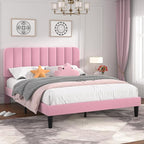VECELO Queen Size Bed Frame with Upholstered Headboard, Velvet Platform Bedframe Mattress Foundation, Strong Wood Slat Support, No Box Spring Needed, Pink