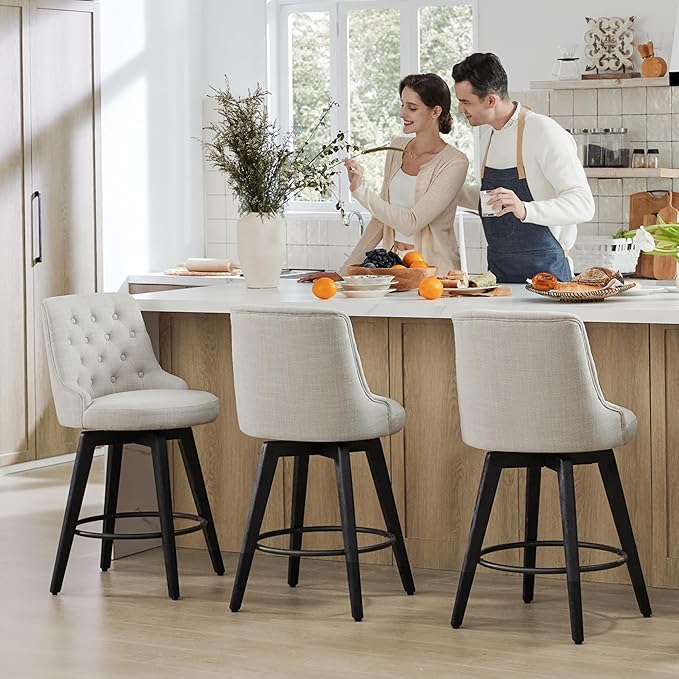 Watson & Whitely Counter Height Bar Stools Set of 3, Performance Fabric Upholstered Modern Swivel Barstool with Back, Solid Wood Legs, 26" H Seat, Linen