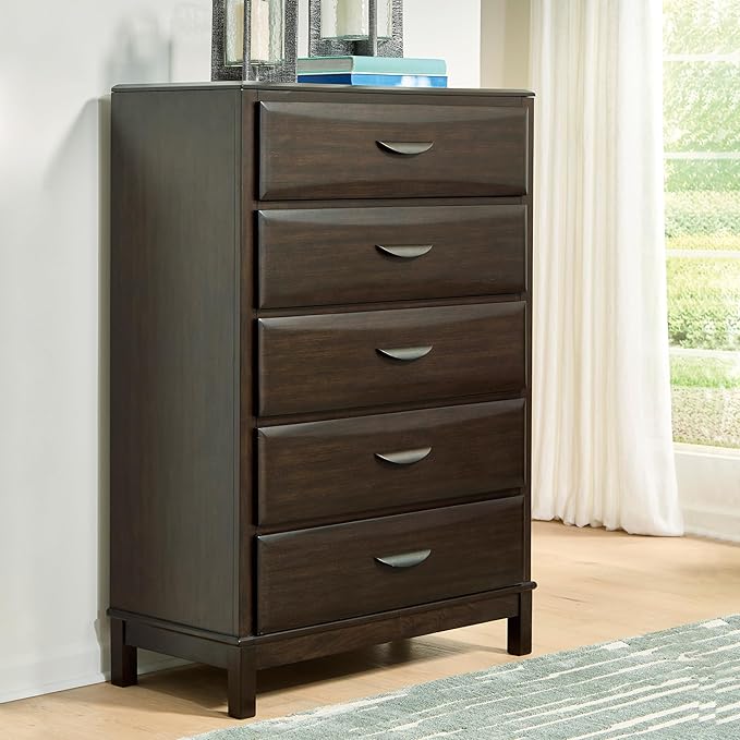 Signature Design by Ashley Vanmore Contemporary 5-Drawer Chest with Felt-Lined Top Drawer and Easy Glide for Bedroom, Dark Brown