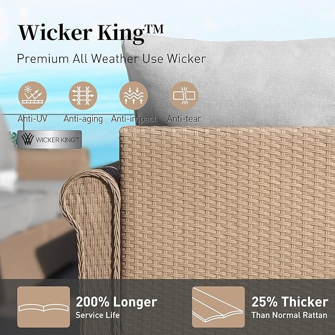 Patio Furniture Set 8 pcs, Wicker Rattan Outdoor Furniture with 5.5” Thick Cushions, 3-Seat Sofa, 4 Chairs, 2 Ottomans and 56" Fire Pit Table, Outdoor Conversation Set for Backyard Deck, 9 Seats Grey