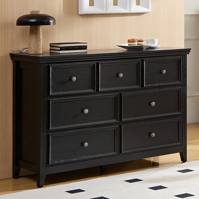 Black Dresser for Bedroom,7 Drawer Dresser, Modern 7 Chest of Drawers for Living Room, Farmhouse Style Storage Cabinet for Living Room, Dining Room, Entryway