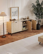 Mid-Century Modern Sideboard Cabinet, 63” Buffet with Storage, Diamond-Textured Credenza with 4 Doors, Multifunctional Accent Cabinet for Kitchen, Dining Room, Living Room (Natural Oak)