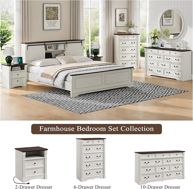 Yaamizz Farmhouse Dresser for Bedroom, 47" Tall 6 Drawer Dresser Storage with Wood Pilasters and Metal Handles, Vintage Design, Drawer Organizer for Bedroom, Hallway, White