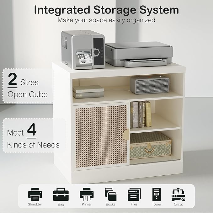 Modern Wood Accent Cabinet with Sliding Door, Adjustable Open Shelves & Gold Handle Storage Cabinet for Home Office, 31W*20D*29H, White Rattan