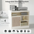 Modern Wood Accent Cabinet with Sliding Door, Adjustable Open Shelves & Gold Handle Storage Cabinet for Home Office, 31W*20D*29H, White Rattan