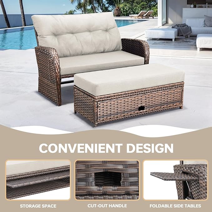 Patio Rattan Daybed, Wicker Recliner Loveseat for Two with Multifunctional Recliner and Stowable Side Tray, 5 Level Adjustable Backrest Brown Beige