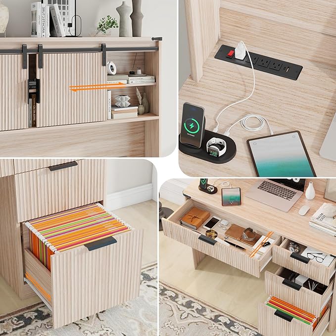 Farmhouse 67" H Executive Desk with Fluted Drawers,4 Drawers Fluted Computer Desk with LED Light,Charging Hub,Wood Workstation with Hutch and Sliding Barn Doors for Work and Study