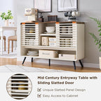 RedLemon 46" Entryway Table, Mid Century Modern Console Table with Slatted Sliding Door, Storage Shelf Wood Sofa Table Behind Couch for Hallway, Living Room, Foyer, Antique White