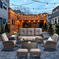 HUMMUH 7-Piece Outdoor Patio Furniture with Fire Pit Set,Wicker Patio Sofa Set Outdoor Rocking Chairs with Ottomans for Backyard,Poolside,Deck