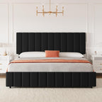 Garvee King Size Bed Frame with 4 Storage Drawers, Adjustable Height Headboard, Linen Upholstered Platform Bed Frame, No Box Spring Needed, Easy Assembly, Black
