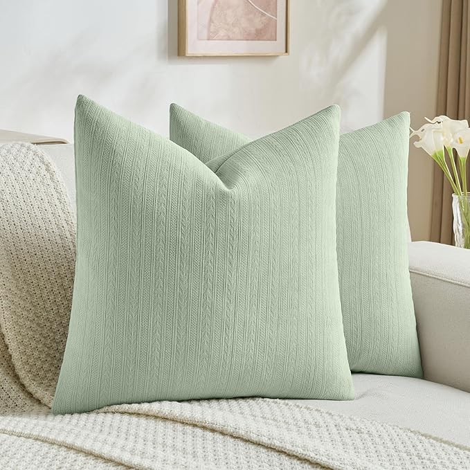 FUTEI Sage Green Decorative Throw Pillow Covers 24x24 Inch Set of 2,Soft Cozy Wheat Ear Striped Patterns European Cushion Cases,Modern Home Decor for Couch Bed Living Room