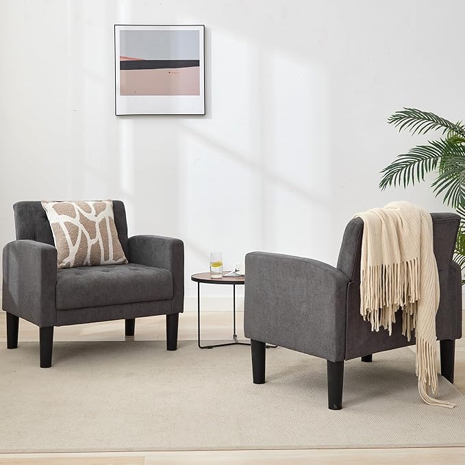 TYBOATLE Accent Chairs Set of 2, Mid Century Modern Upholstered Tufted Living Room Chair for Bedroom, Armchair for Waiting Room, Reading Chair for Office, Grey