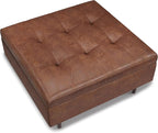 SIMPLIHOME Shay 38 inch Wide Mid Century Modern Large Square Coffee Table Storage Ottoman in Distressed Saddle Brown Vegan Faux Leather, Assembled, For the Living Room, Entryway and Family Room