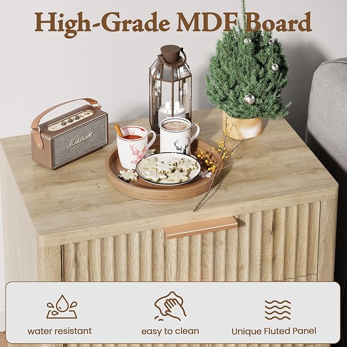 Night Stand with 3 Drawers, 23" Wide Modern Nightstand with Large Storage, Fluted Bed Side Table with Metal Handle, End Table Tall Nightstand for Bedroom, Living Room, Office, Nature