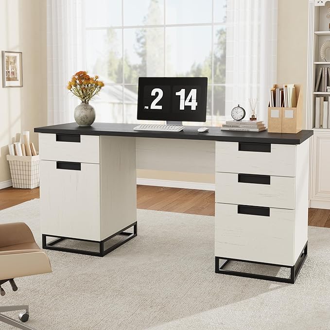 IDEALHOUSE Farmhouse Executive Desk, 59" Computer Desk, White Home Office Desks with File Drawer and Storage Cabinet, Wood Writing Desks for Home Office, Bedroom, White+Black
