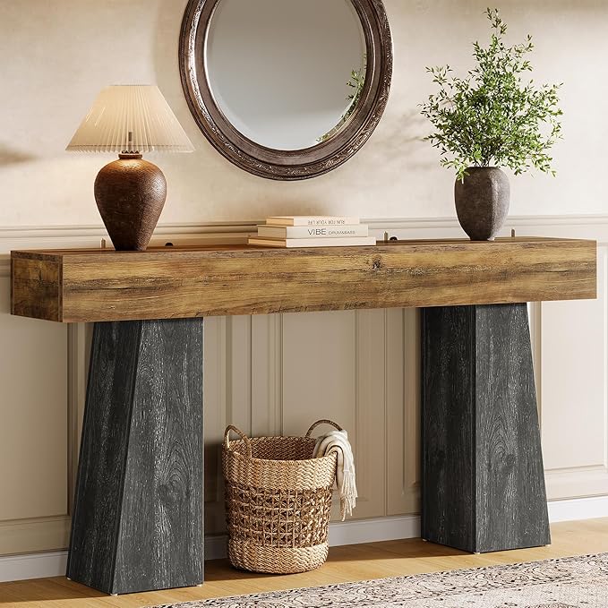 Tribesigns Farmhouse Entryway Table, 63-Inch Long Wooden Sofa Console Table, Rustic Console Behind Couch with Double Trapezoid Bases for Entrance Living Room Hallway