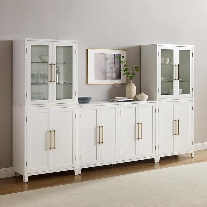 Crosley Furniture Roarke 3-Piece Modern Glass Door Sideboard Buffet Cabinet and Kitchen Storage Pantry Set, White