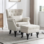 chairus Mid-Century Modern Accent Chairs with Ottoman Set of 2, Comfy Linen Single Sofa Chair Button Tufted Wingback Armchairs with Pillow for Living Room/Bedroom/Club - Beige