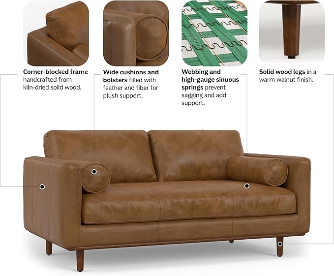SIMPLIHOME Morrison 72-inch Wide Sofa in Caramel Brown Top Grain Genuine Leather, Mid-Century Modern-Style Loveseat for Living Room, Single Bench Cushion, Removable Back Cushions, 2 Bolster Pillows