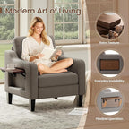 Accent Chair for Living Room Modern Linen Upholstered Armchair Side Wooden Fabric Sofa Chair with Foldable Table 2 Side Pockets Comfy Reading Chair for Bedroom