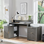 JXQTLINGMU 67" Modern L Shaped Desk with Storage Cabinet & Drawers, Wood Home Office Desk with Power Outlets, Fluted Computer Writing Desk, Grayish Green