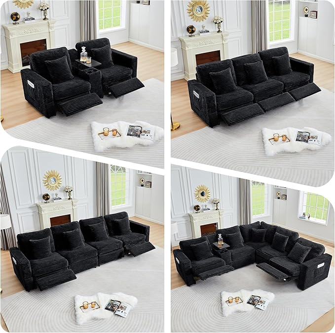 ORRD Power Reclining Sectional Sofa, Electric 3 Seat Recliner with 1 Electric Footrest and Adjustable Headrest, Modern Plush Corduroy Fluffy Reclining Sectional with Deep Seat for Living Room-Black