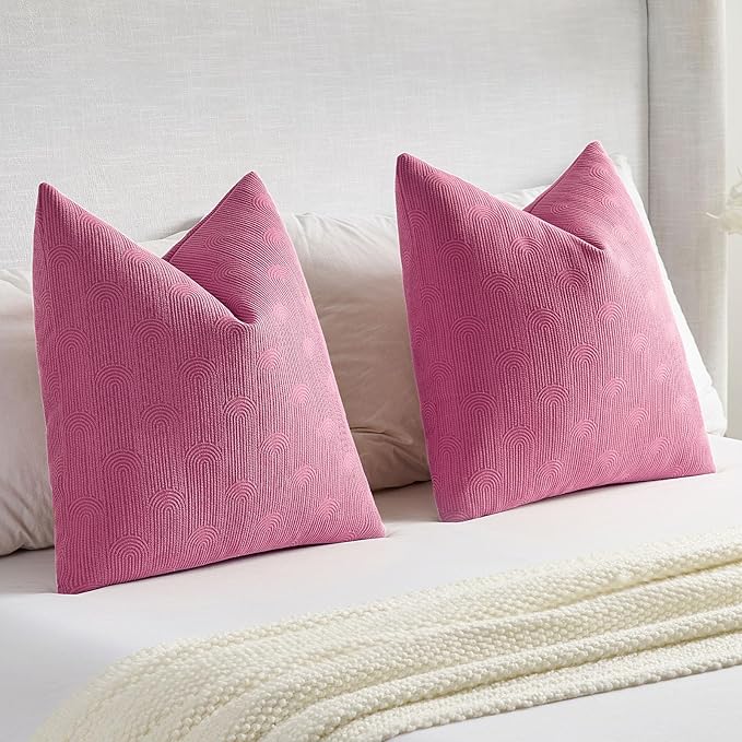 FUTEI Hot Pink Chenille Decorative Throw Pillow Covers 20x20 Inch Set of 2,Soft Cozy Striped Geometric Patterns Cushion Cases,Modern Home Decor for Couch Bed Living Room