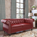 Chesterfield Loveseat Sofa, Modern Leather Small Sofa Couch 2 Seater with Rolled Arms and Nailhead, Mid Century Modern Loveseat Couch for Small Spaces Living Room Bedroom Apartment, Claret