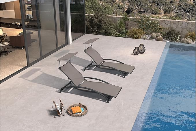 PURPLE LEAF Patio Lounge Chair with Canopy Shade Outdoor Chaise Lounge Chair Set of 2 for Lawn Poolside Backyard Sunbathing Tanning Chairs with Arm Brown