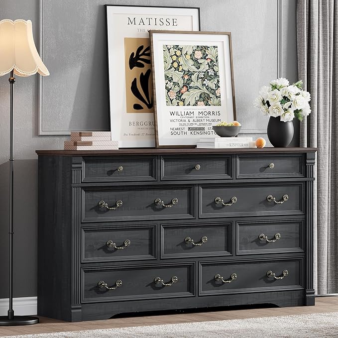 Yaamizz Farmhouse Dresser for Bedroom, 60" Wide 10 Drawer Dressers Storage with Wood Pilasters & Metal Handles, Drawer Organizer for Bedroom, Vintage Design, Hallway, Black