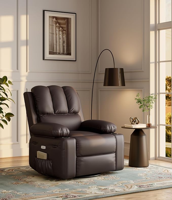27" Oversized Power Recliner Chair, Faux Leather Rocking Chair with Heat & Massage, 360° Swivel Modern Electric Recliner with Cup Holder ＆ USB Charging for Living Room, Bedroom, Nursery - Coffee