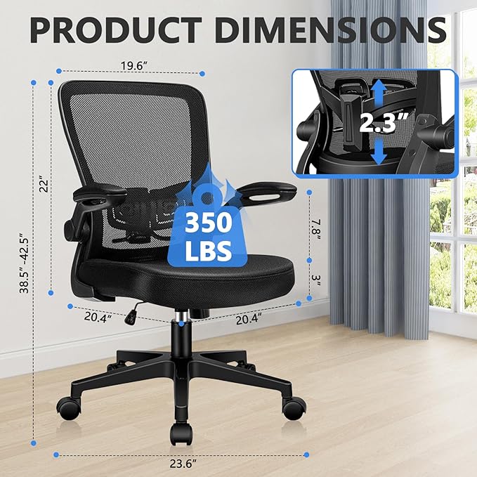 Desk Chairs with Wheels, Ergonomic Mesh Office Chair Adjustable Height and Swivel Lumbar Support Home Office Chair with Flip Up Armrests, Set of 4
