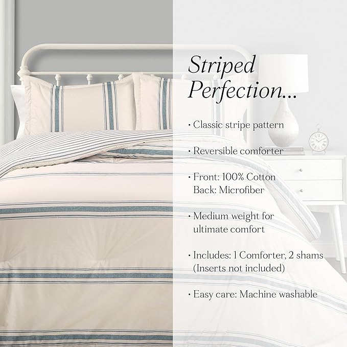 Lush Decor Farmhouse Stripe Reversible Cotton Comforter Set, 3 Piece Set, King, Blue - Cozy F𝚊rmhouse Bedding Set - Rustic Decor - Striped Comforter - Modern Farmho𝚞se Bedroom Decor