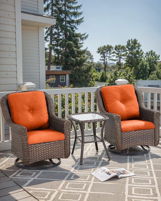 3 Piece Patio Swivel Chairs and Side Table Set - High Back Outdoor Brown Wicker Rattan Rocking Glider with Thick Cushions for Porch Apartment Deck Yard Poolside Garden - Orange