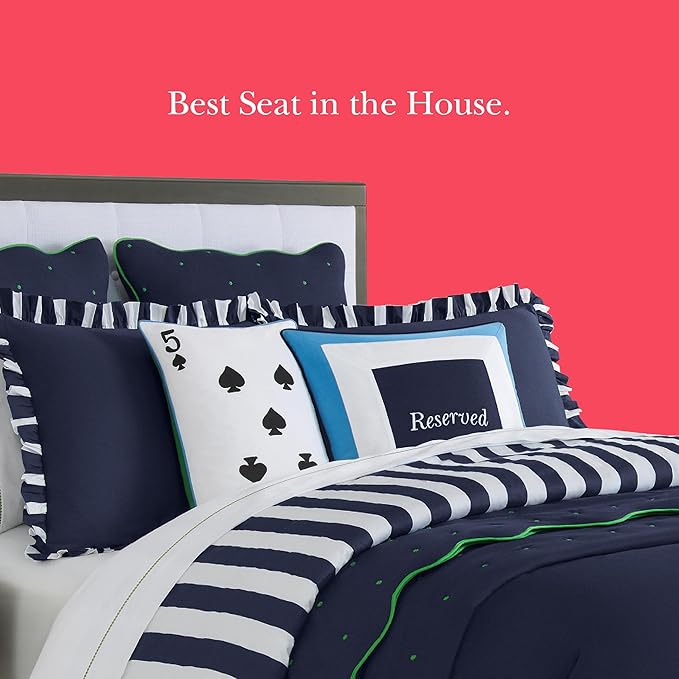 Kate Spade New York Saved You A Spot Reversible Decorative Pillow, 20" x 20" Throw Pillow for Bed or Sofa, Cotton and Linen Cover, Blue, 20 x 20