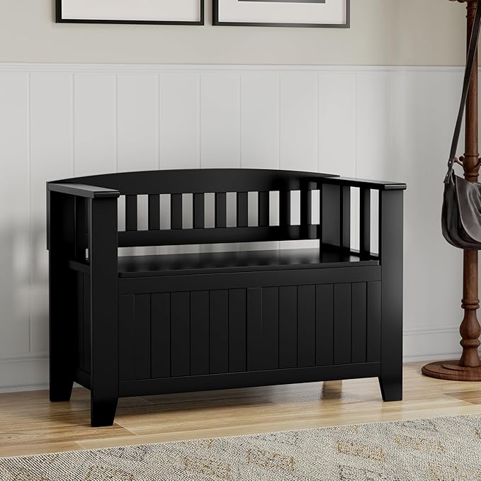 SIMPLIHOME Acadian Entryway Storage Bench - 36 inch Wide Solid Wood Small Hallway Seat in Black, Transitional Bench for Mudroom or Entryway with Lift-Up Lid, 2 Compartments and Slatted Backrest