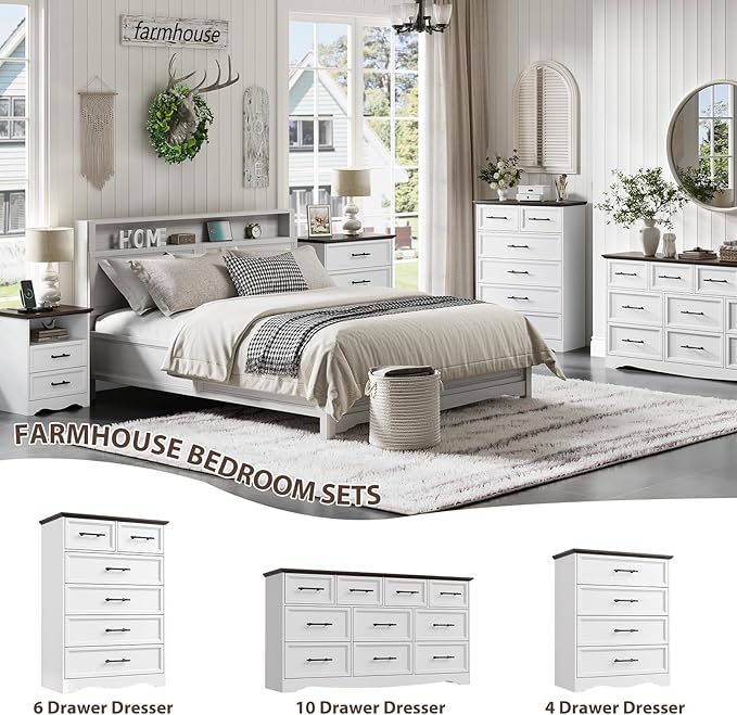 White Farmhouse Dresser for Bedroom, 36" Tall 4 Drawer Chest with Sleek Brushed Metal Handles, Modern Wood Storage Cabinet with Unique Base Design, Closet Organizer for Bedroom, Living Room, Hallway