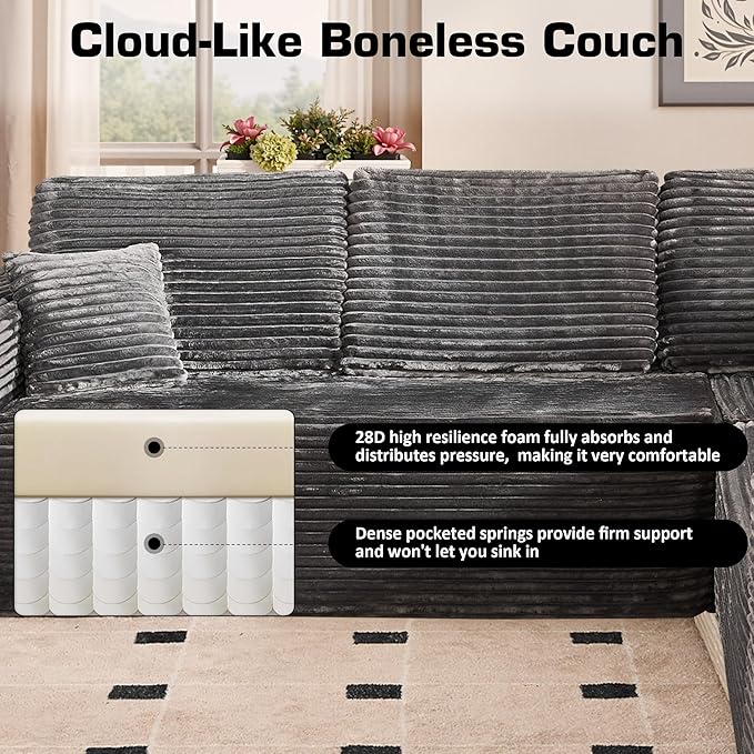 Weaxty Boneless Sectional Couch, Oversized U Shaped Modular Cloud Couches, Plush Corduroy Memory Foam Deep Seat Floor Sofa, No Assembly Required，Gray