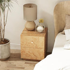 Modern 2 Drawer Nightstand with Elegant Burl Finish, Wood Bedside Table with Storage, Stylish Accent Side Table for Bedroom, Home Décor and Small Space Furniture