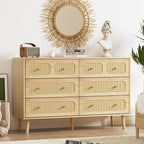 SINROM® Rattan Dresser for Bedroom, Modern 6 Drawer Dresser with Gold Handles, Wood Storage Chest of Drawers for Bedroom, Living Room, Hallway and Entryway, Natural