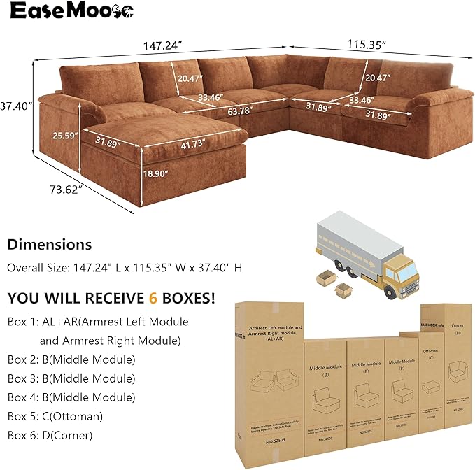 EASE MOOSE Oversized Sectional Cloud Couch-7-Seat, U-Shaped Deep-Seat Modular Boneless Sofa, No-Assembly Chenille Sofa for Living Room, Brown