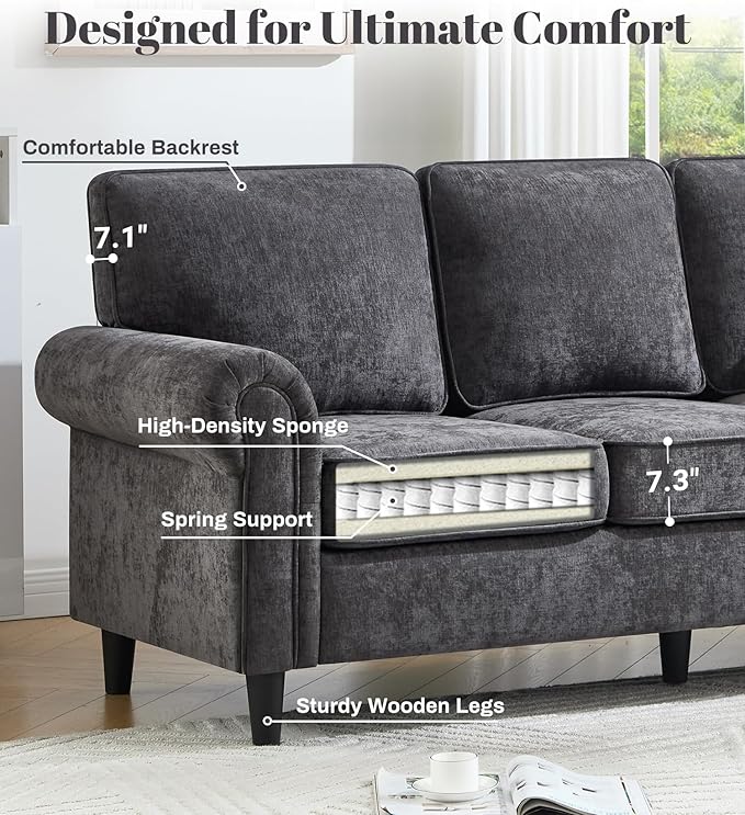 Kingfun 3 Seater Couch with Chair, Mid Century Modern Sofa Set with Rolled Arms and Deep Seats, Fluffy Comfort for Living Room, Apartment, Easy Assembly, Grey