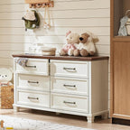 Farmhouse White 6 Drawer Dresser for Bedroom, 54 inch Wide Vintage Large Chest of Drawers with Square Wood Legs, Rustic TV Console for Living Room, Wooden Storage Closet Dressers for Home
