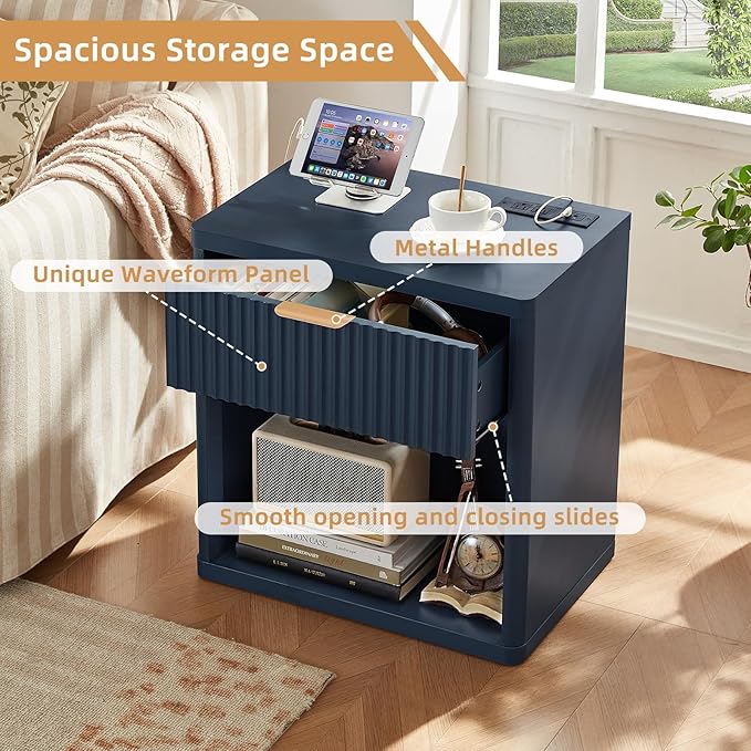 LEYAOYAO Fluted Nightstand with Charging Station, 23" Wide 1 Drawers End Table,Blue Night Stand with Open Storage Cabinet, Farmhouse Bed Side Tables, Wood Dresser for Bedroom, Living Room, Closet