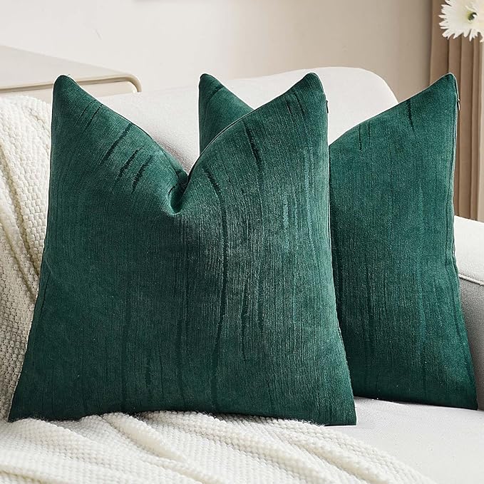 FUTEI Dark Green Chenille Decorative Throw Pillow Covers 24x24 Inch Set of 2,Soft Embossed Striped Textured European Cushion Case,Modern Home Decor for Couch Bed Living Room