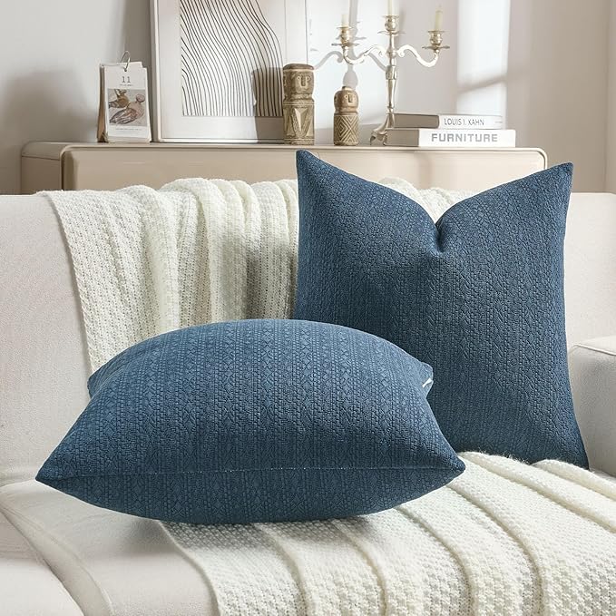 FUTEI Navy Blue Chenille Throw Pillow Covers 18x18 Inch Set of 2,Soft Striped & Diamond Textured Cushion Cases,Modern Home Decor for Couch Living Room