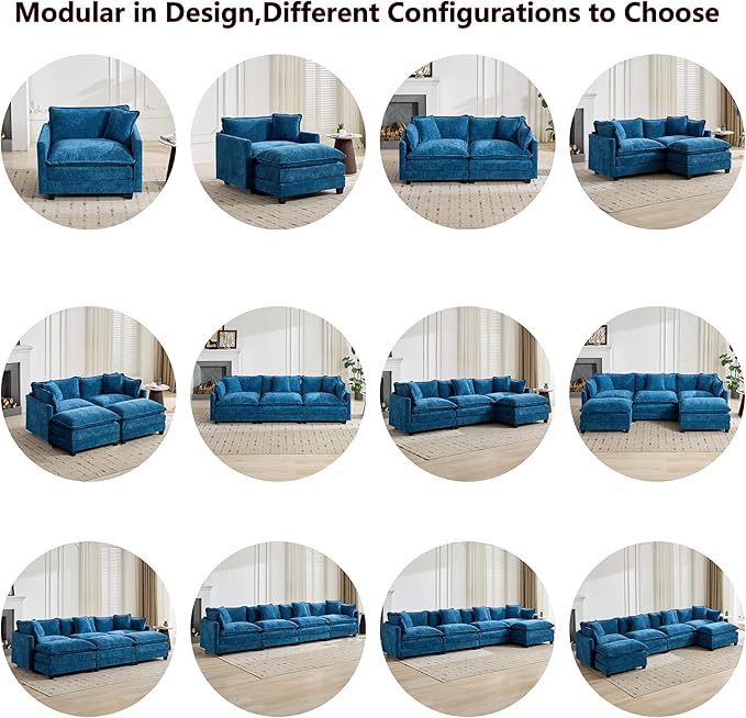 Aoowow Modular Sectional 4 Seater Cloud Sofa Couch for Living Room,149.6" Cloud Sofas with Deep Seat,Modern Chenille 4 Seat Sofas,Fluffy Cloud Couches for Bedroom,Office,Hotel (Blue, 4 Seater)